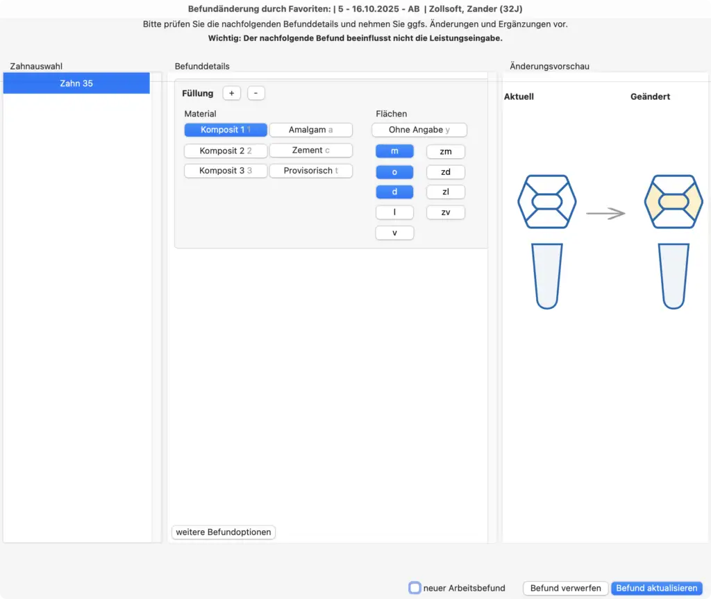 tomedo®.Dental Screenshot Befundfavoriten