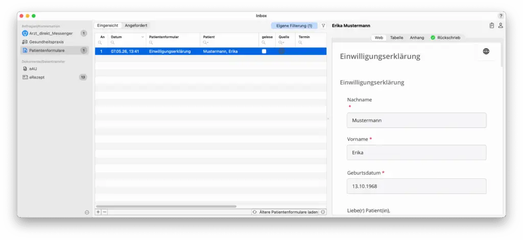 tomedo® Screenshot Inbox-Ansicht Patientenformulare